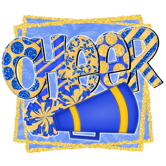 Cheer Royal Blue and Yellow Glitter DTF Transfer