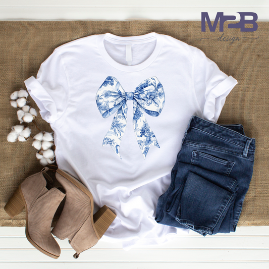 Blue Toile Coquette Bow DTF Transfer