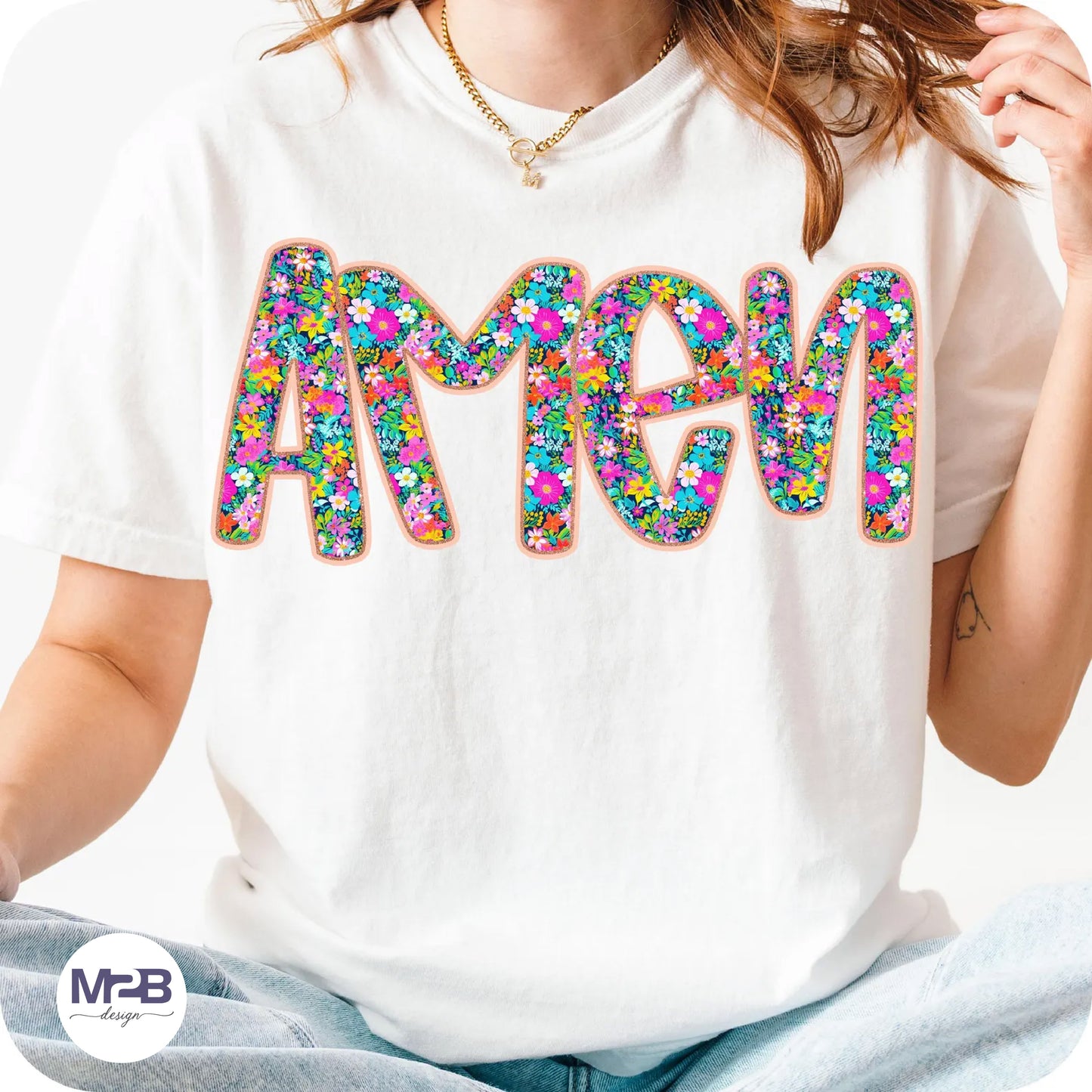 Floral Glitter Amen DTF Transfer